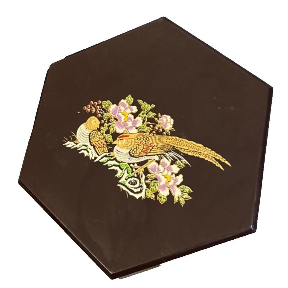 Vintage Pier 1 Imports Asian Trinket Container Hexagon with Lid Birds Flowers